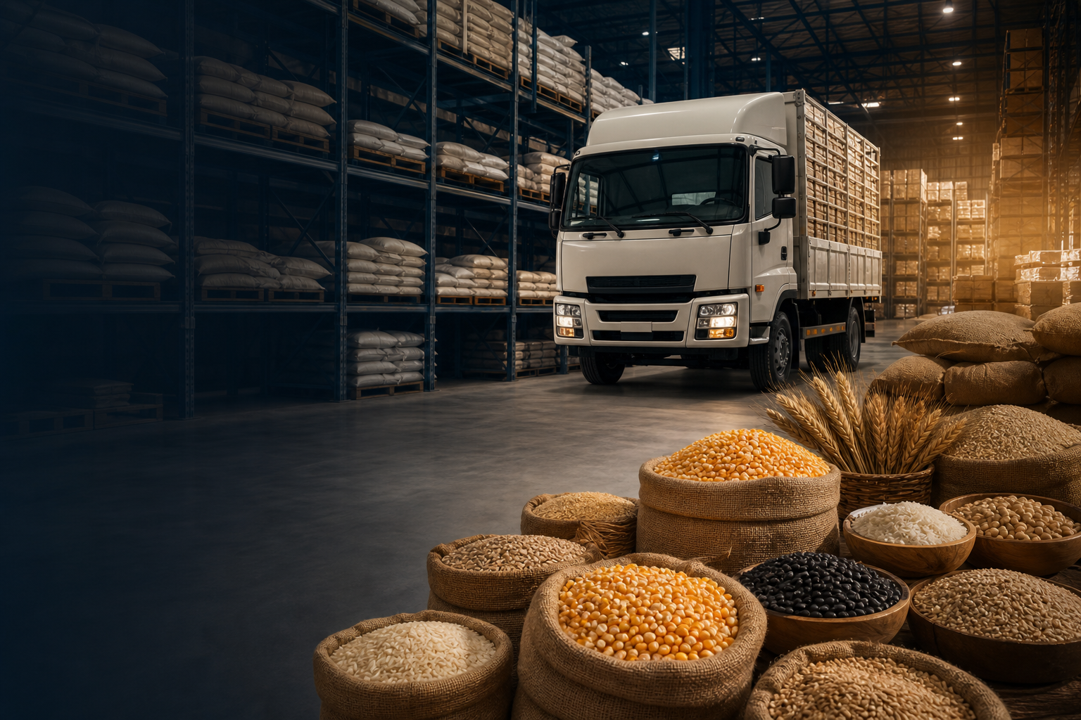 Warehouse with stacked grain supplies and a delivery truck
